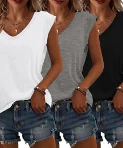 3-Pack Women’s Cap Sleeve V-Neck Tank Tops Casual Loose Fit Basic Tees