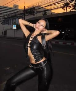 European And American-style Solid-color Rivet Strap PU Leather Sleeveless Top
