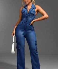 Tight Waist Slim High Elastic Wash Denim Jumpsuit