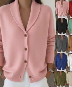 Womens Knitted Cardigan Loose-Fit Lazy Style Soft And Cozy Notch Lapel Solid Color Long-Sleeve Sweater