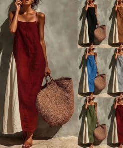Womens Cotton-linen Versatile Minimalist Strap Dress