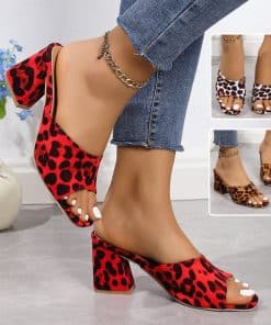 Leopard Square Toe Sandals Summer High-heeled Slippers Chunky Heel Shoes For Women