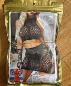 Women 4 Piece Fishnet Lingerie Set Halter Crop Top Mini Skirt Long Gloves Hollow Out Mesh Bodysuit Outfit
