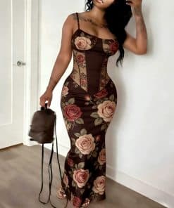 Digital-print Fitted Waistline Long Dress