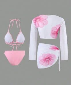 2026 New Pink 3-Piece Bikini Set, Halter Triangle Top & Mesh Cover Up & Skirt, Vacation Style Swimwear