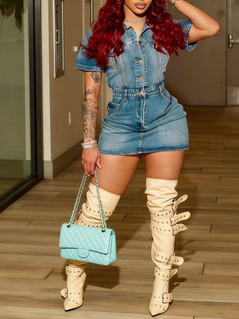 New Women’s Retro-style Washed Blue Short-sleeved Collared Single-breasted Sexy Denim Dress With A Hip-lifting Design.