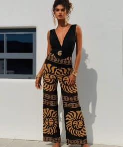 2026 New Sleeveless Jumpsuit, Deep V Neck & Metal Buckle & Retro Print Wide Leg Pants, Vacation Casual Women’s