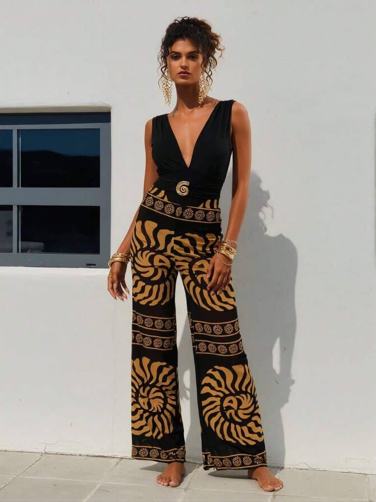 2026 New Sleeveless Jumpsuit, Deep V Neck & Metal Buckle & Retro Print Wide Leg Pants, Vacation Casual Women’s