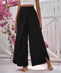 Solid-color Slit Womens Casual Wide-leg Pants