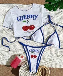 White & Black Cherry Print Puff Sleeve Bikini Set With Contrast Trim