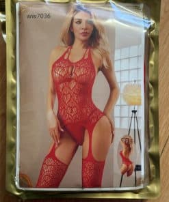 Sexy Halter Hollow Out Fishnet Bodystocking Set Sheer Mesh Teddy Garter Lingerie Attached Thigh High Stockings Nightwear