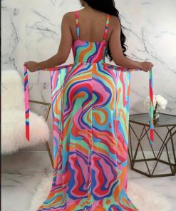 2026 New Multicolor Marble Print Swimsuit Set, Scoop Neck Racerback Bathing Suit With Wrap Skirt