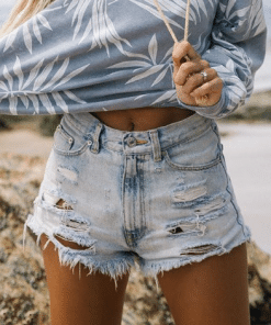 High waist ripped tassel hem denim shorts