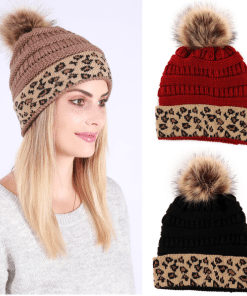 Leopard print knitted winter beanie hat