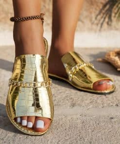 Flat slide sandals with chain detail