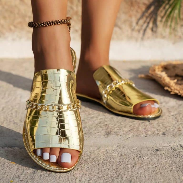 Flat slide sandals with chain detail