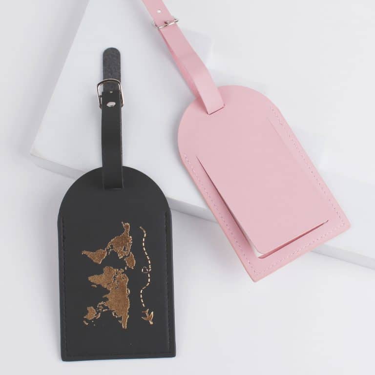 Leather luggage tag with covered name card for suitcases