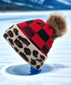 Plaid knitted bobble beanie hat with fur ball
