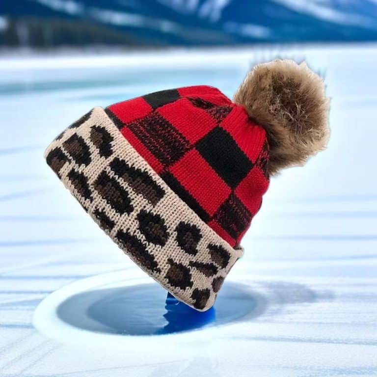 Plaid knitted bobble beanie hat with fur ball