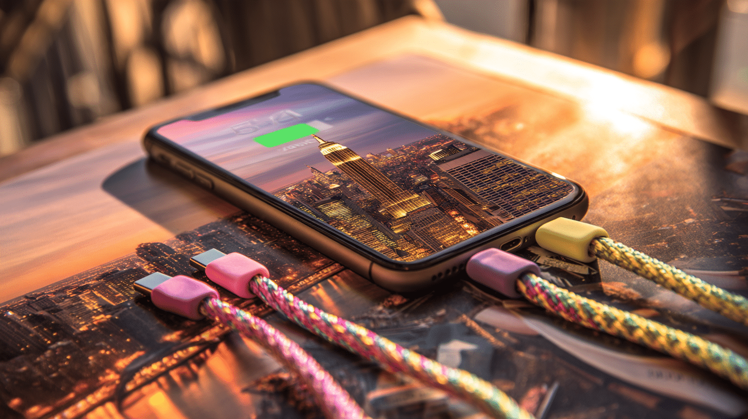 Photorealistic travel scene illustrating 4 in 1 retractable usb cable creative macaron type c micro cable for i phone with phone stand charging data cable line storage box — 4 in 1 Retractable USB Cable: 7 Reasons to Buy