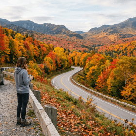 Winding Kancamagus Highway through red and gold fall maples in New Hampshire, a traveler at an overlook