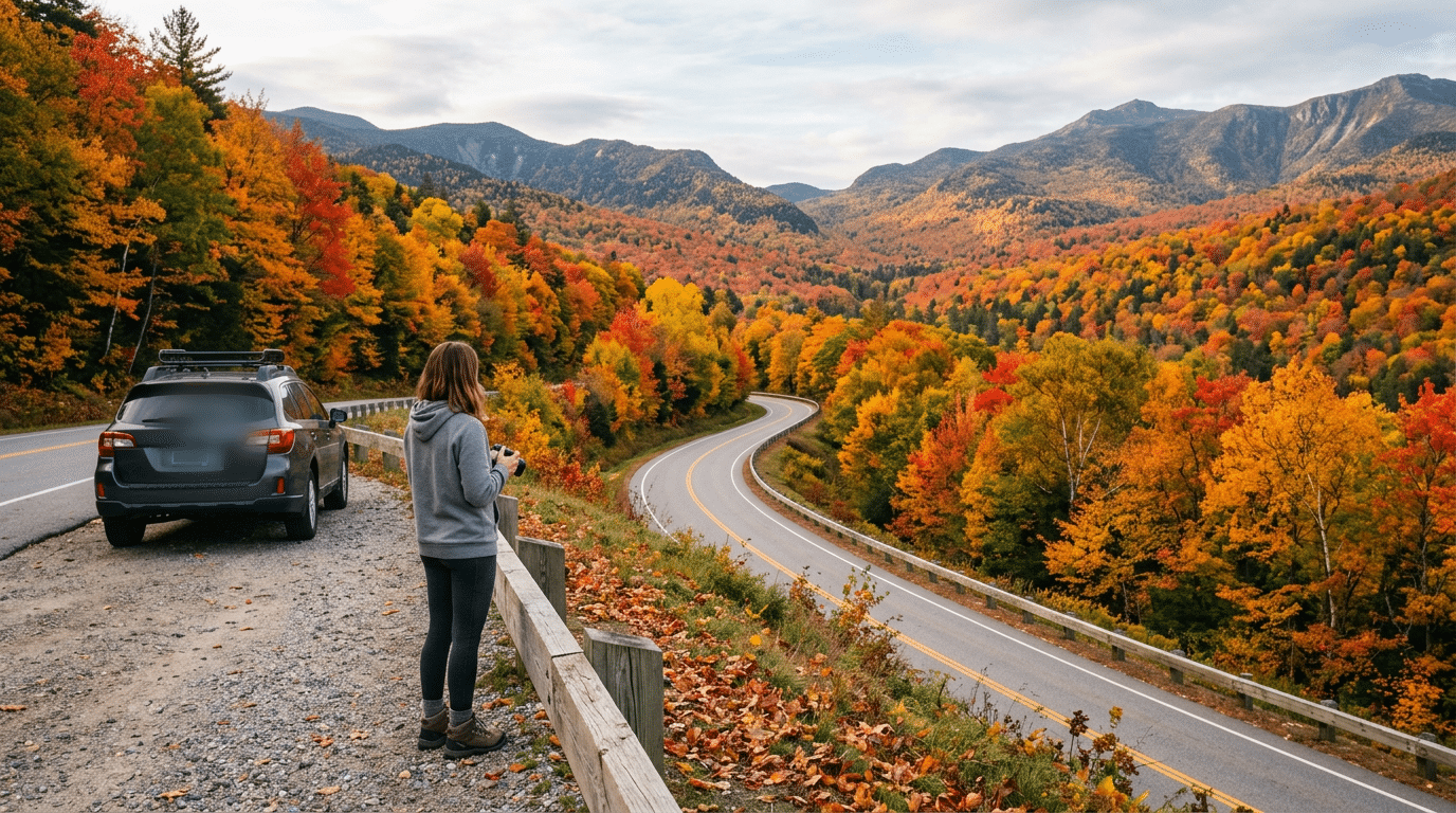 Winding Kancamagus Highway through red and gold fall maples in New Hampshire, a traveler at an overlook