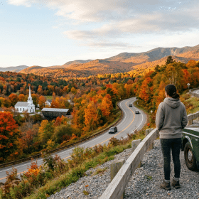 Traveler at a fall foliage overlook above a winding New England road, church steeple and covered bridge below