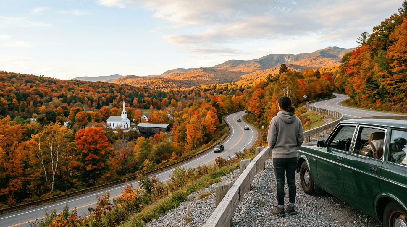 Traveler at a fall foliage overlook above a winding New England road, church steeple and covered bridge below