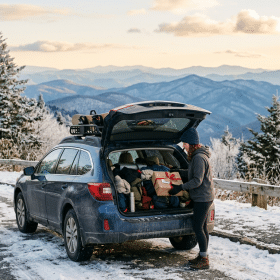 Traveler in a grey hoodie loading a wrapped gift into a car at a snowy Blue Ridge Parkway overlook at golden hour