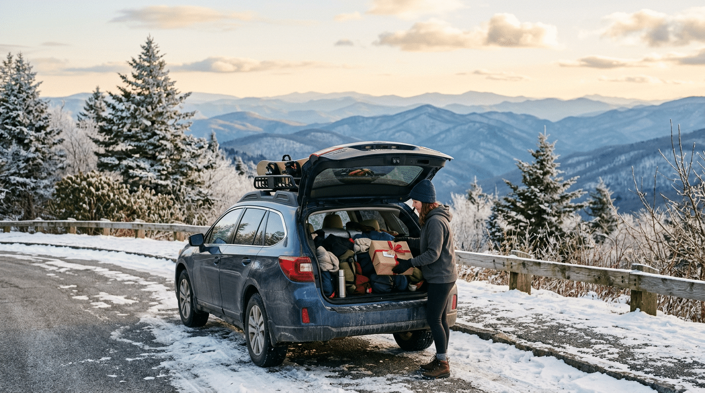 Traveler in a grey hoodie loading a wrapped gift into a car at a snowy Blue Ridge Parkway overlook at golden hour