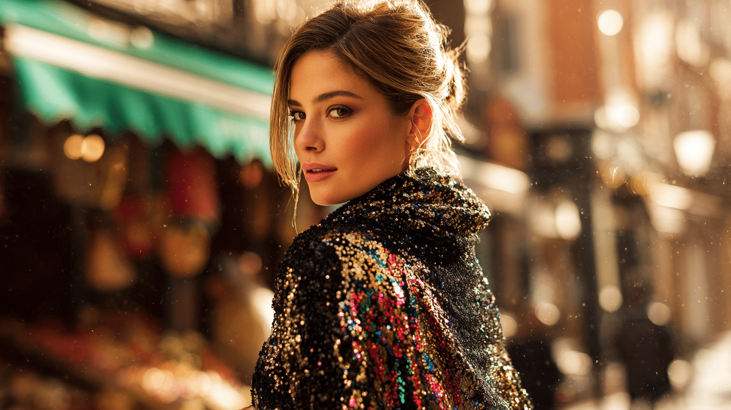 Photorealistic travel scene illustrating sequin glamour scarf — Sequin Glamour Scarf: 7 Dazzling Ways to Travel in Style