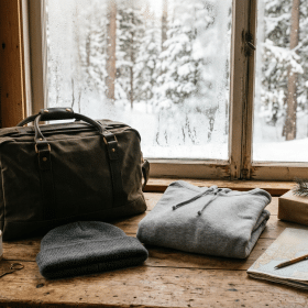 Packed weekend bag, knit beanie, folded hoodie, paper map and kraft-wrapped gifts on a cabin table by a snowy window