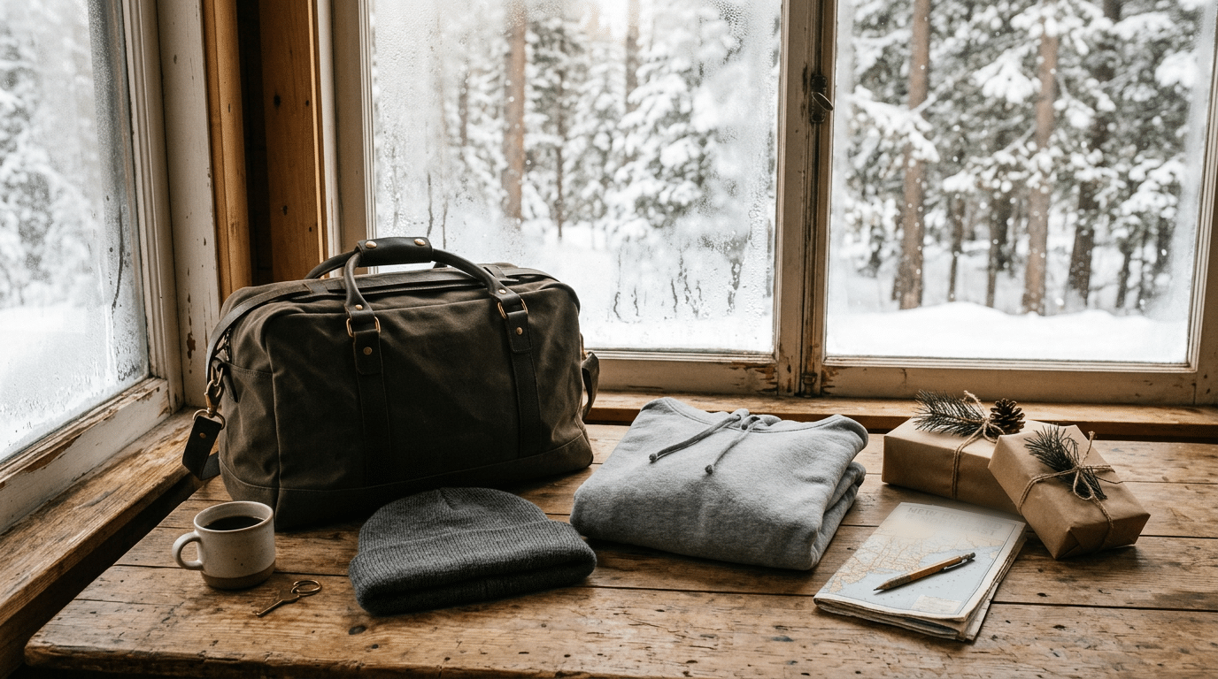 Packed weekend bag, knit beanie, folded hoodie, paper map and kraft-wrapped gifts on a cabin table by a snowy window