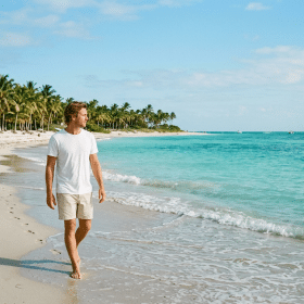 Traveler in a plain white t-shirt walking along Smathers Beach in Key West on a sunny winter morning