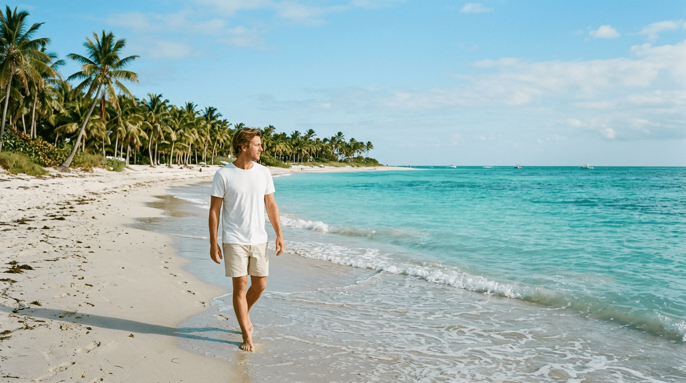 Traveler in a plain white t-shirt walking along Smathers Beach in Key West on a sunny winter morning