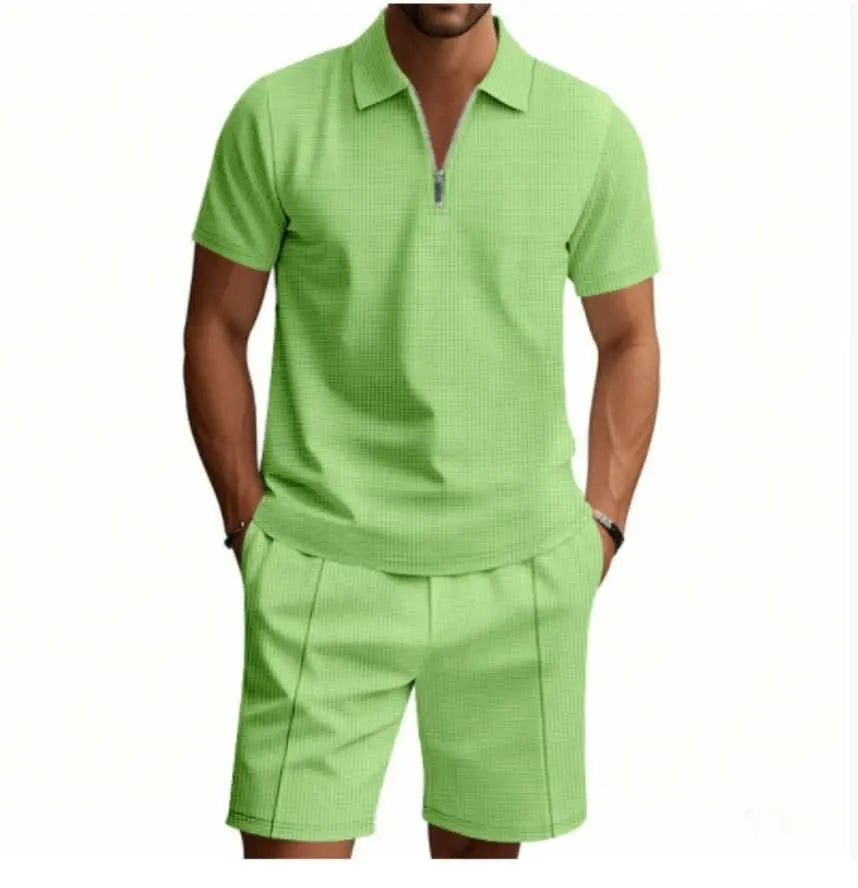2pcs-casual-waffle-suit-summer-zipper-lapel-short-sleeved-top-and-drawstring-pockets-shorts-versatile-solid-color-t-shirt-set-for-mens-clothing-4-around-the-wor-9313121