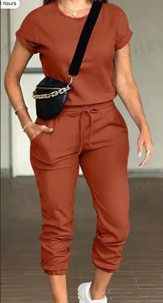 2pcs-women-solid-color-round-neck-short-sleeve-top-and-drawstring-pocket-long-pants-casual-suit-4-around-the-world-in-a-rush-1936066